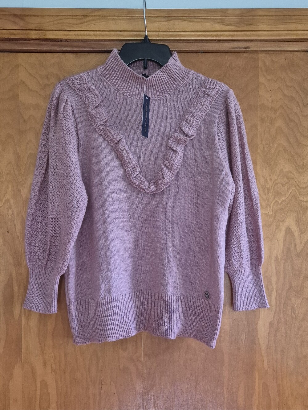 Adrienne Vittadini Dusty Mauve Ruffle-Trim Mock Neck Sweater